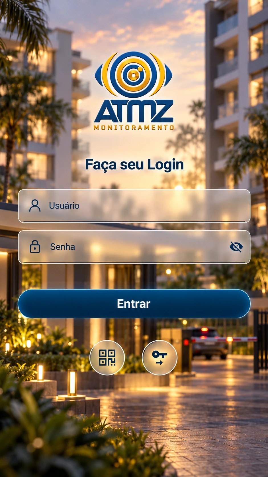 Tela de login do App ATMZ Monitoramento em condomínio residencial